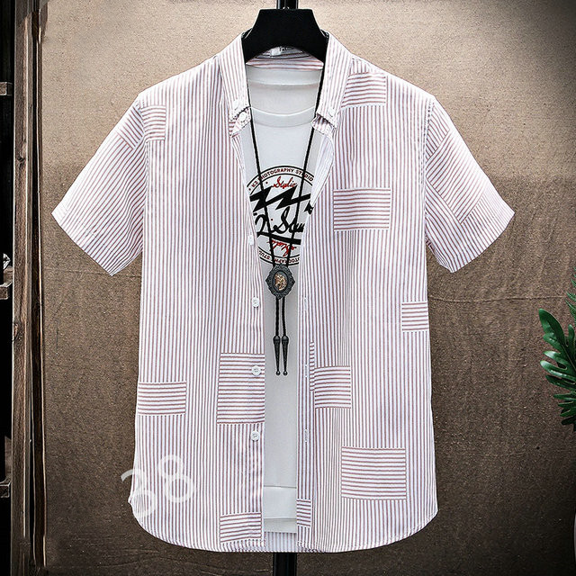 

2021 Fashion Free Ironing Business Short Sleeve Shirt Men's Lazy Style Casual Stripe Checked Top Size M-3XL#09, Multi