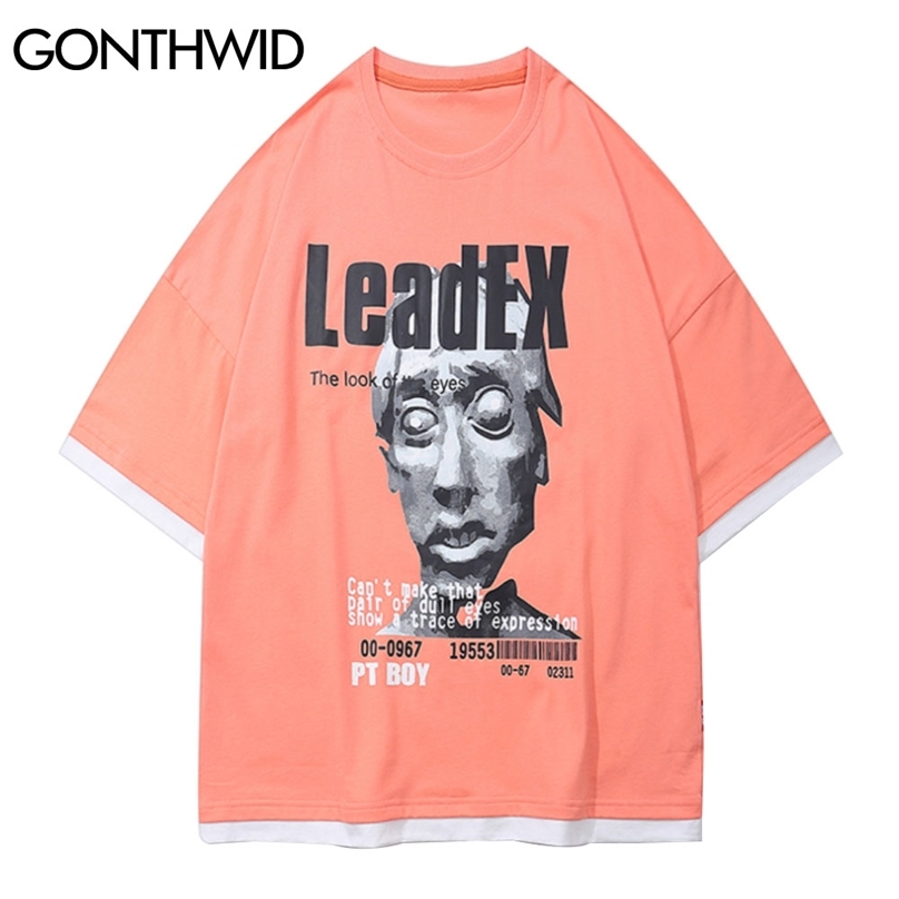 

T-Shirts Streetwear Casual Hip Hop Men Statue Print Fake 2 Piece Short Sleeve Tees Cotton Harajuku Fashion Loose Tops 210602, Black