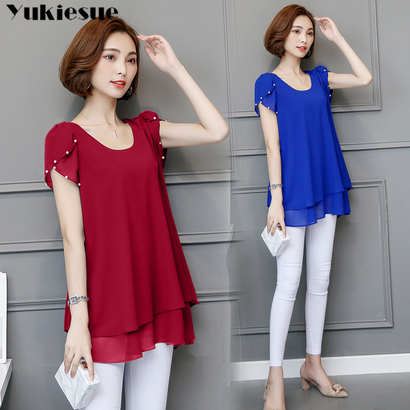 

summer women's shirt blouse for women blusas short sleeve womens tops and blouses chiffon shirts woman top plus size 5xl 210519, Blue