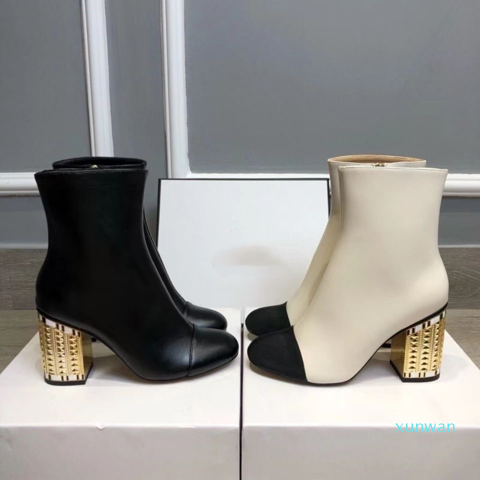 

Fashion designer women short boots gold chunky heel leather ankle casual luxury womens shoes prom evening snow boot heel with box, Black