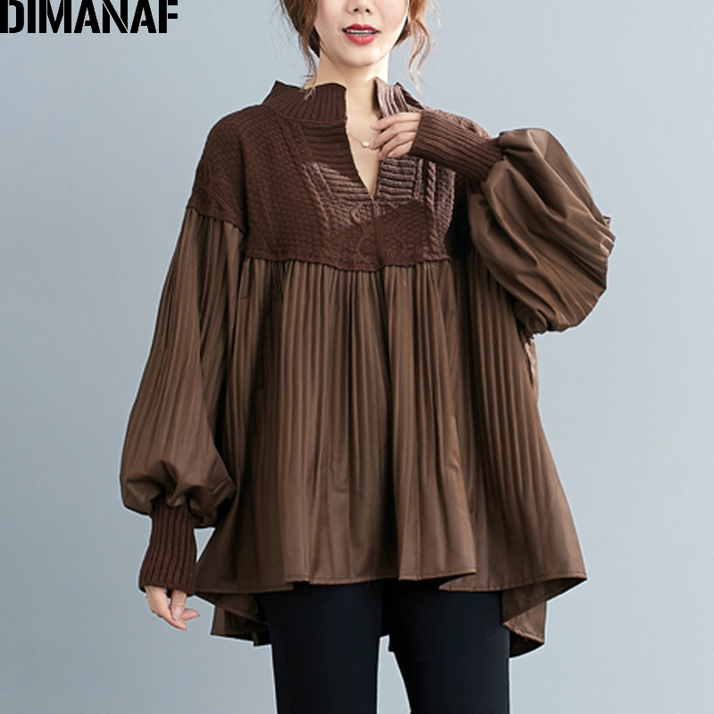 

DIMANAF Plus Size Women Blouse Shirt Elegant Lady Tops Tunic Knitted High Street Pleated Fashion Loose Female Clothing Autumn, Hany9616-hei