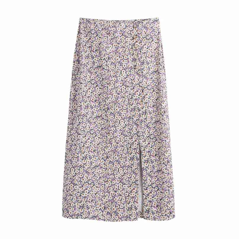 

Floral Print High Waist Long Skirt Women Vintage Cottagecore Front Slit Female s Fashion Button Summer 210520, Lavender