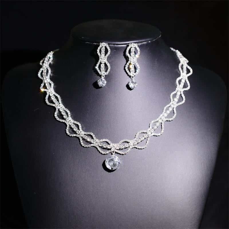 

Earrings & Necklace NecklaceJewelry Set For Women Water Drop Rhinestone Long Pendant Full Crystal Silver Plated Elegant Wedding Bridal