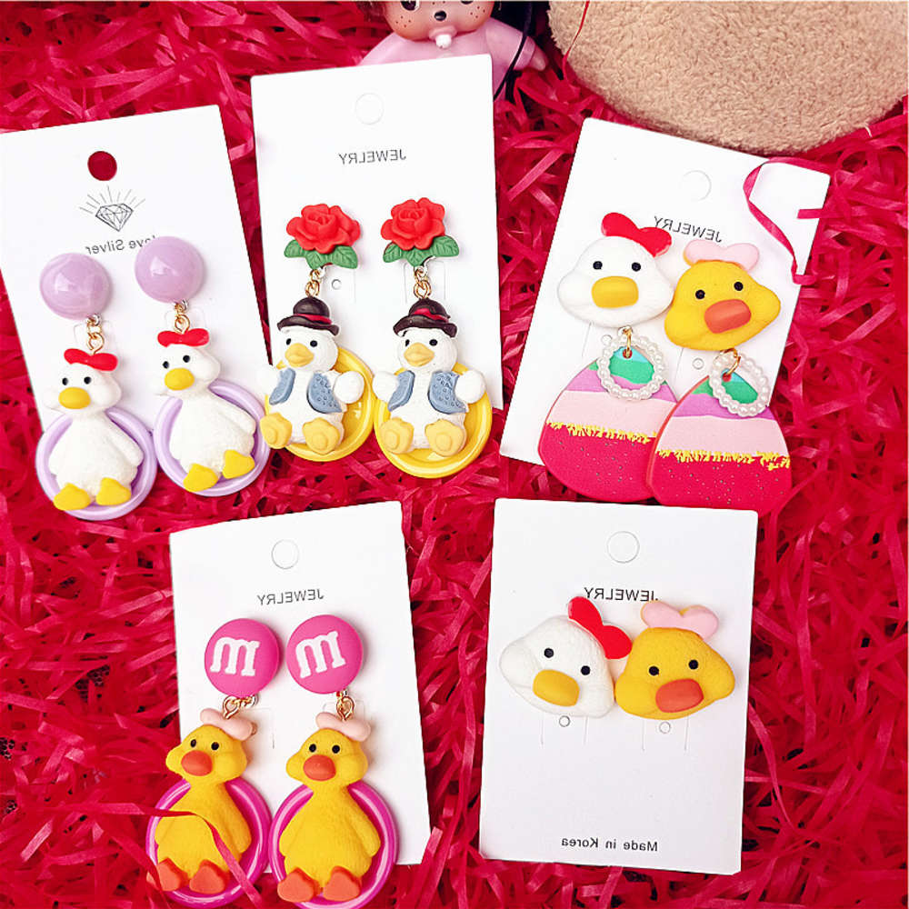 

earrings Cute ling crooked head Kawaii duck cute cartoon 925 Tremella ring girl, Golden