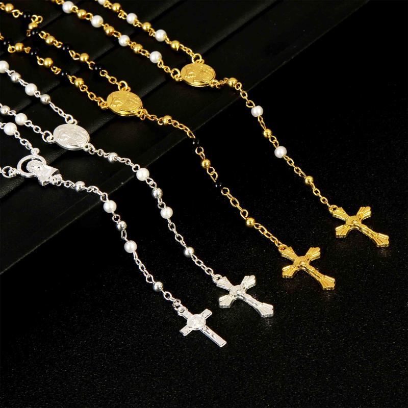 

4mm Rosary Stainless Steel Beaded Cross Pendant Chain And Jesus Necklace Religion Necklaces