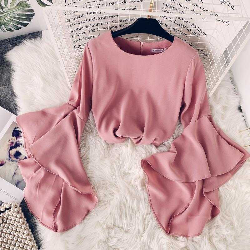 

Summer Trumpet Sleeves Chiffon Women Blouse fashion Sexy Women's Shirt Large Size Womens Tops And Blouses 210601, Green