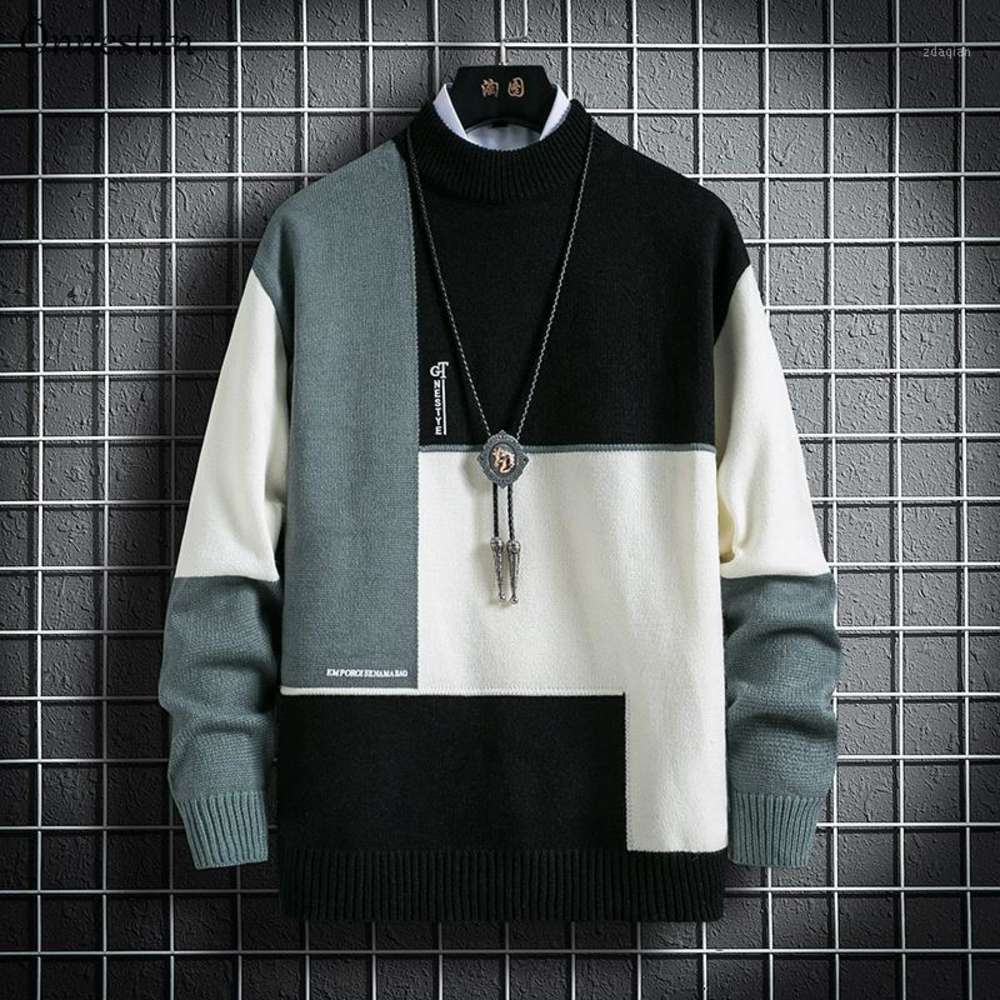 

Onnestun Sweater Men New Winter High quality Stitching design Men's Sweater Long sleeve Knitted Pullover Casual Man Tops1, Black