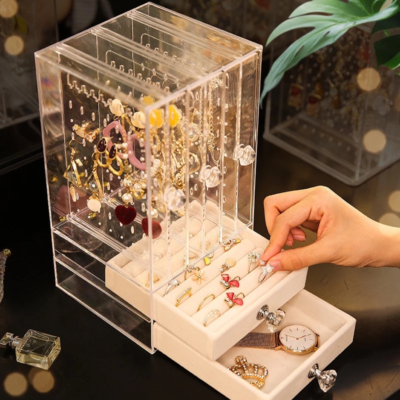 

Portabe Earrings Ring Dispay Stand Shef Dustproof Acryic Jewery Storage Box Der Women Neckace Braceet Organizer Case