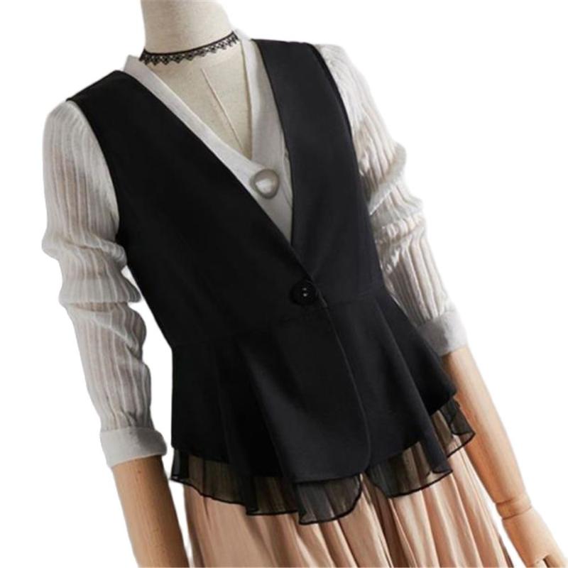 

Women' Vests 2021 Ruffles Chiffon Waistcoat Female Plus Size Short Vest Spring Black Sleeveless Jacket Single Button Slim Veste Femme