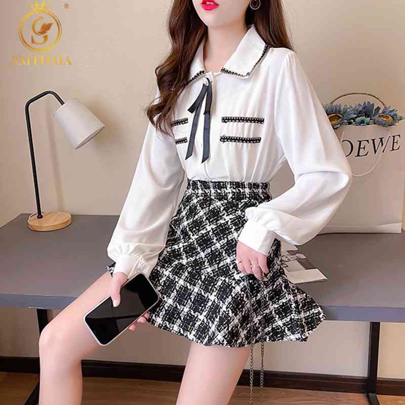 

Spring Korean Chic Elegant Long Sleeve Bow Shirt +Women High Waist Tweed Plaid Trumpet Mermaid Skirt Suit 210520, Picture color