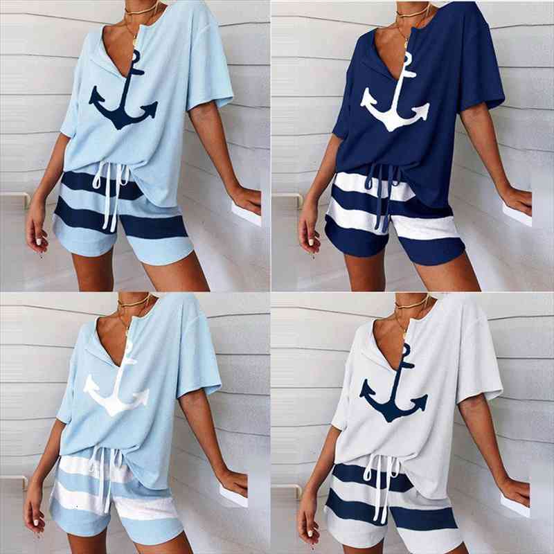 

summer 2pcs women tracksuit boat anchor print shirt and shorts set spring elegant v neck pullover ladies sportswear pocket, Gray