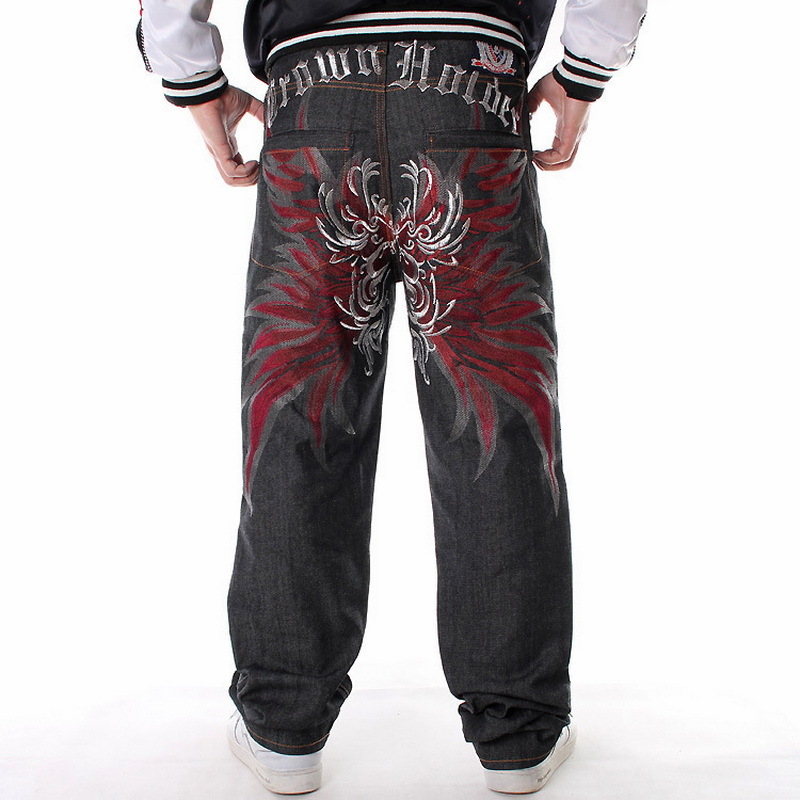 

fashion jeans men's black baggy hip hop loose straight embroidery hiphop rap brand designer skateboard pants wide leg denim, Blue
