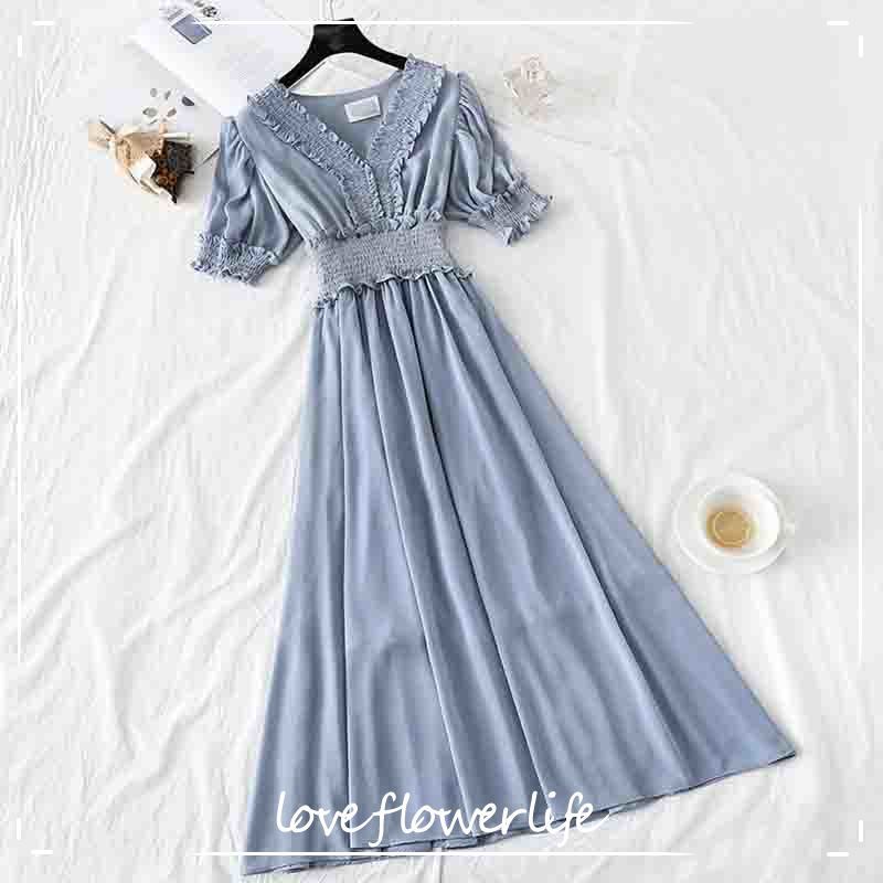 

Elegant V-neck Summer Chiffon Dress Vintage Short Sleeve Solid Ruffles Dresses Elastic Waist Women Long Dress Party Vestido 210521, Black
