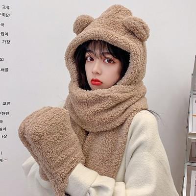 

Christmas Style Antlers Hat Scarf Gloves Integrated Female Thermal Three-Piece Suit Winter Student Cute Plush Thickened Cap, Coffee antlers