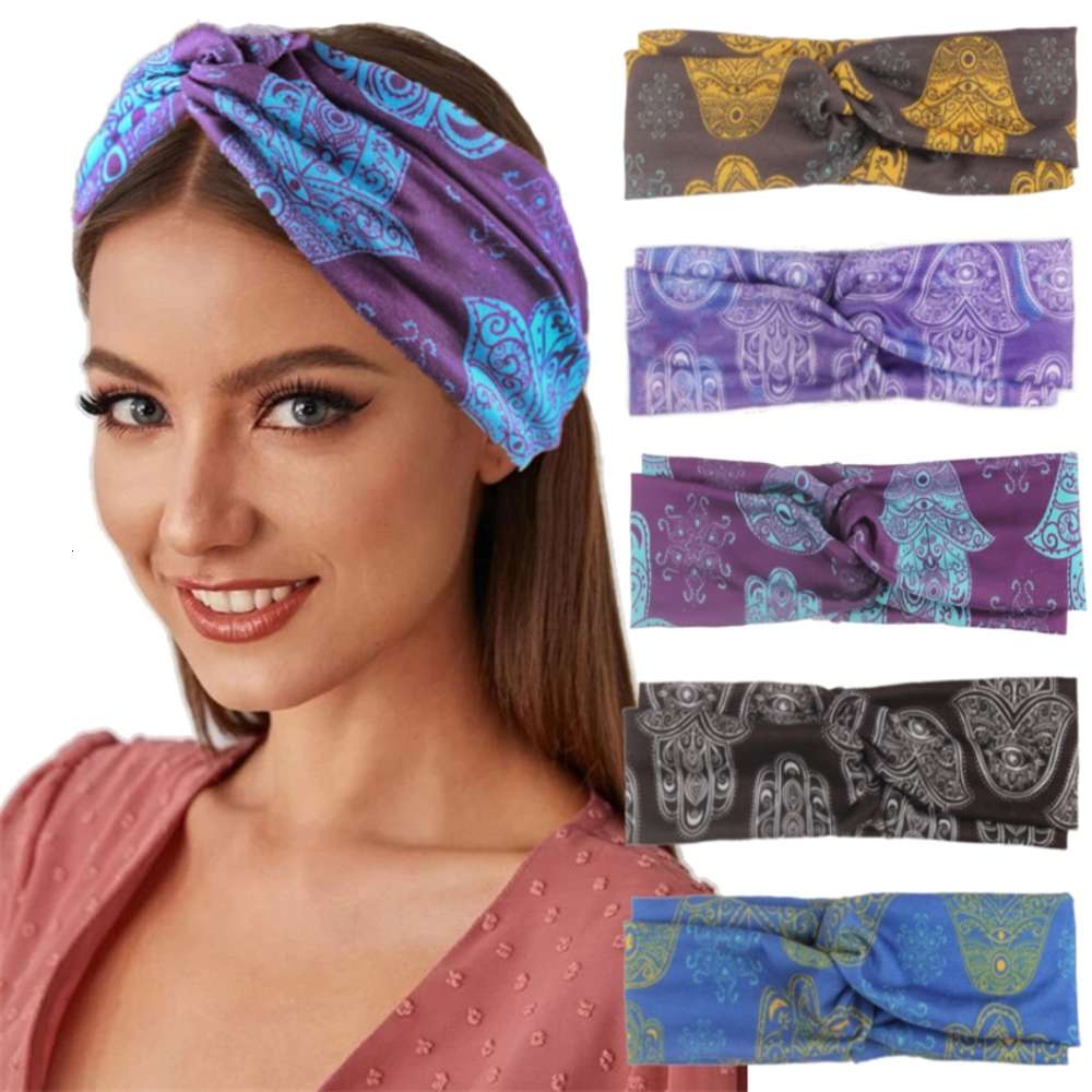 Ins new cross temperament printing knot head women&#039;s wide brim accessories hair band-image-695852888