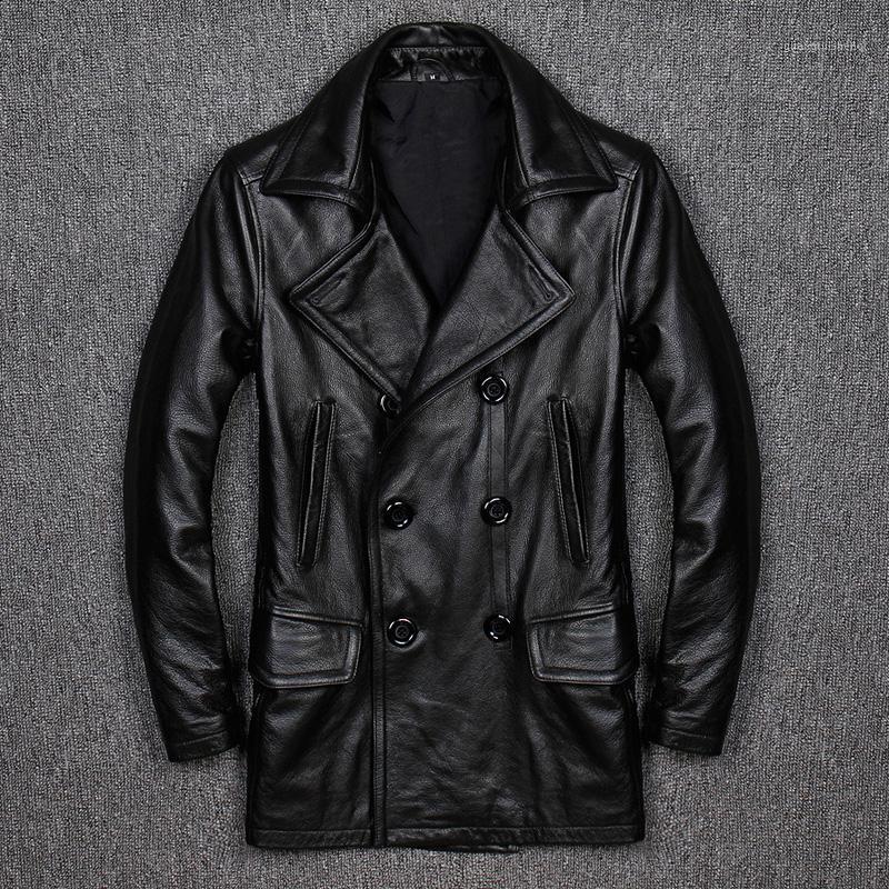 

Black Men Double Breasted Casual Leather Jacket Plus Size XXXXL Genuine Cowhide Russian Spring Natural Coat Men's & Faux