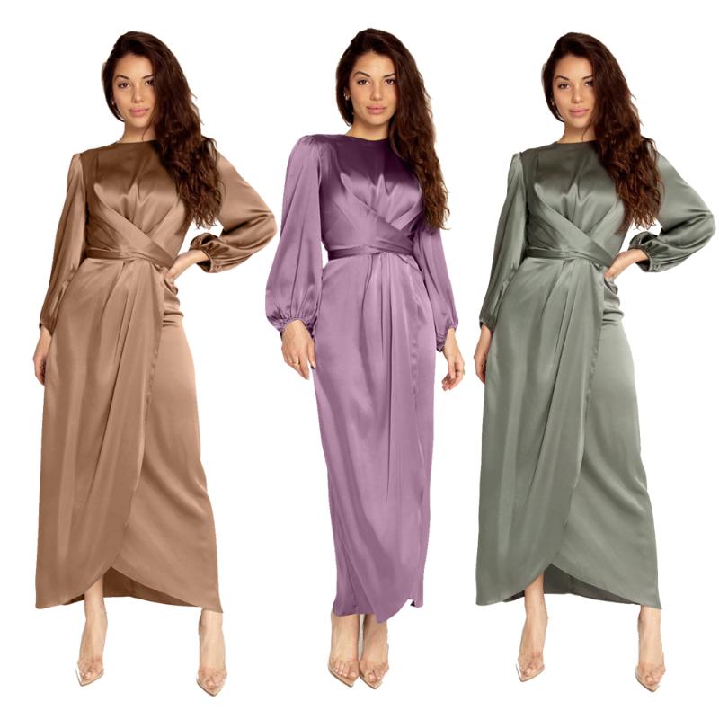 

Satin Bandage Abaya Dubai Turkey Hijab Muslim Dress India European American Islam African Dresses For Women, Khaki