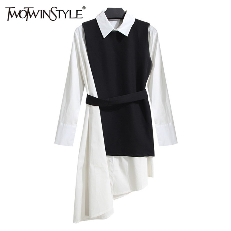 

Shirt Dress Women's Suit Two Piece Set Long Sleeve Lace Up Black White Asymetrical Vest Female Clothes Korean 210520