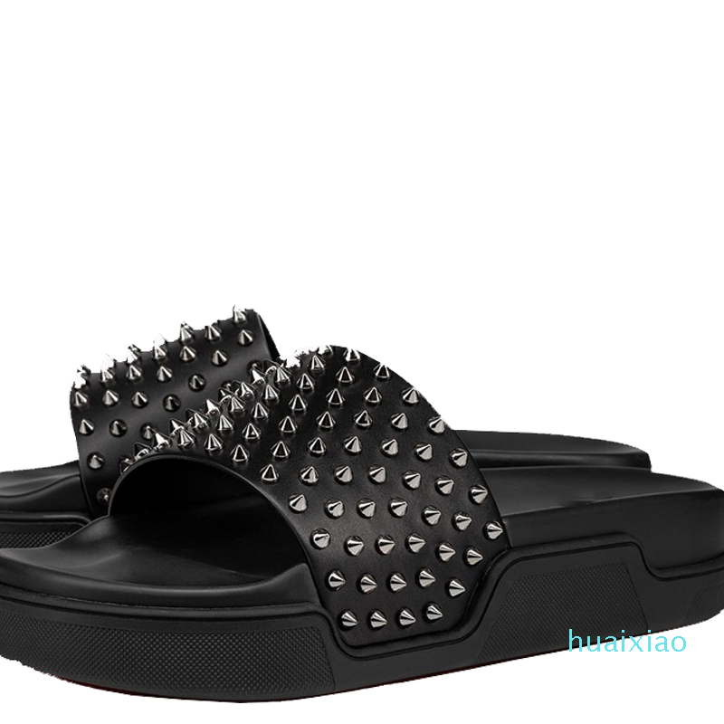 

Slipper Men Rivets Shoes Red Bottom Scuffs Luxurys Sandals Women Designers Flat Slides Flip Flops Paris Summer Beach Sexy Leather 2021, Black