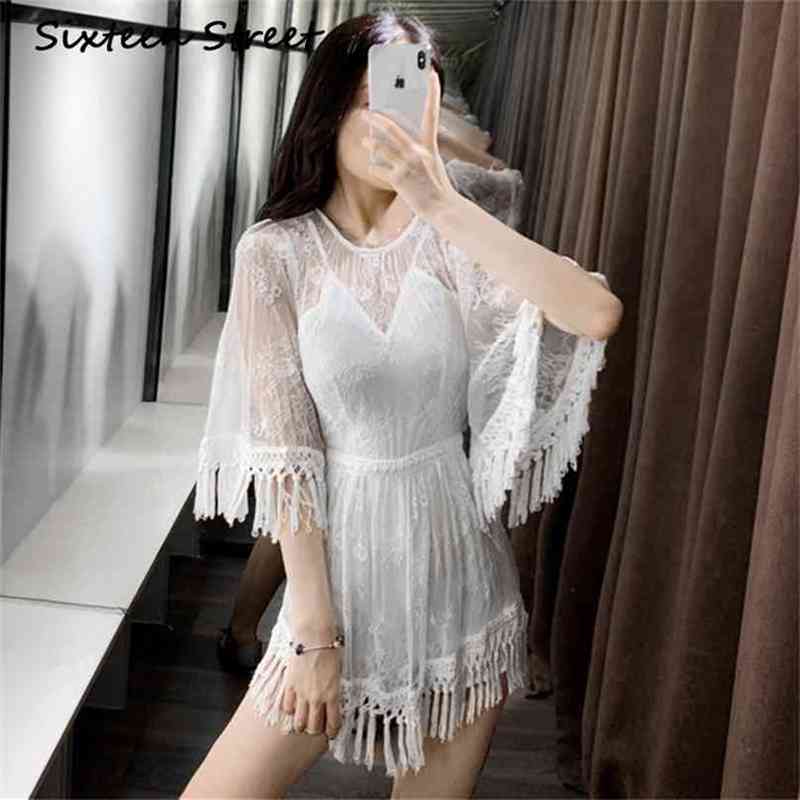 

White Solid Lace Dress Woman Summer Beach Tassel Casual Mini Female Runway Fashion Round Neck Bodycon 210603, Blue
