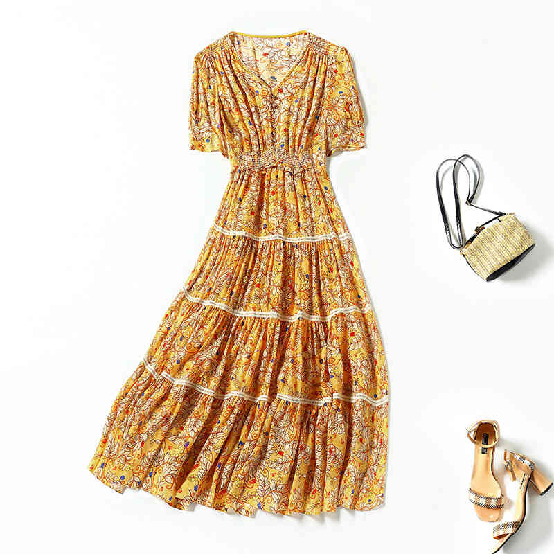 

Casual Dresses summer yellow printed middle waist long skirt Pullover sleeve splicing contrast silk dress W8JA