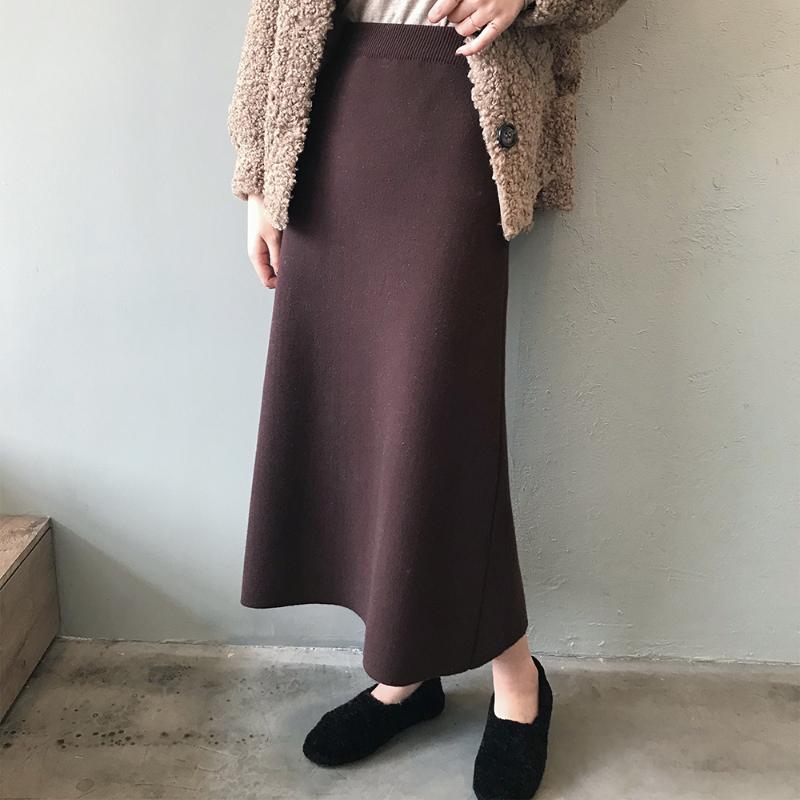 

Skirts 2021 High Waist Knitted Autumn A-Line Bodycon Fashion Pure Color Women Long Skirt Faldas Jupe Femme Saia, Black