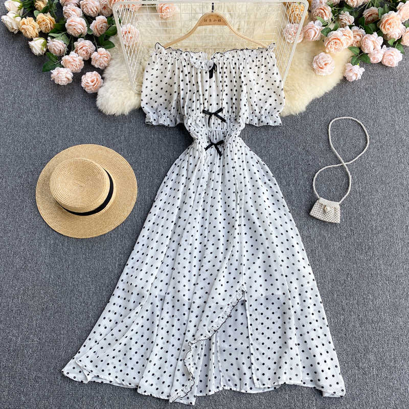 

Black/White Polka Dot Irregular Long Dress Sexy Slash Neck Puff Sleeve High Waist Ruffle Vestidos Vacation Beach Robe Summer New Y0603
