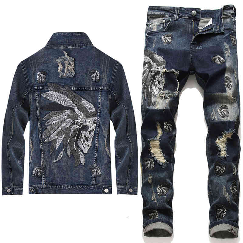 

Men's Tracksuits Fashion- New Men Denim Sets Fashion Punk Suit Embroidery Holes Jackets + Jeanspants Mens Clothing 2 Pieces FQUH, 2 pieces set-886