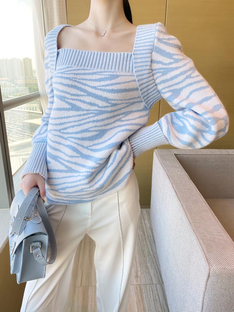 

Women's Sweaters Square Collar Lantern Sleeves Striped Pullover Knitting Loose Knits Autumn And Winter Outfits C153, Blue tiger pattern