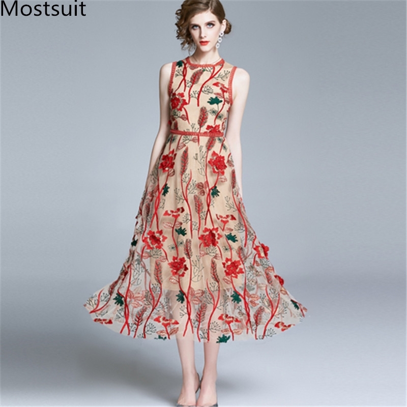 

Runway Vintage Floral Embroidered Long Maxi Dress Women Sleeveless O-neck Elegant Dresses Beach Holiday Party Vestido Mujer 210518, Red