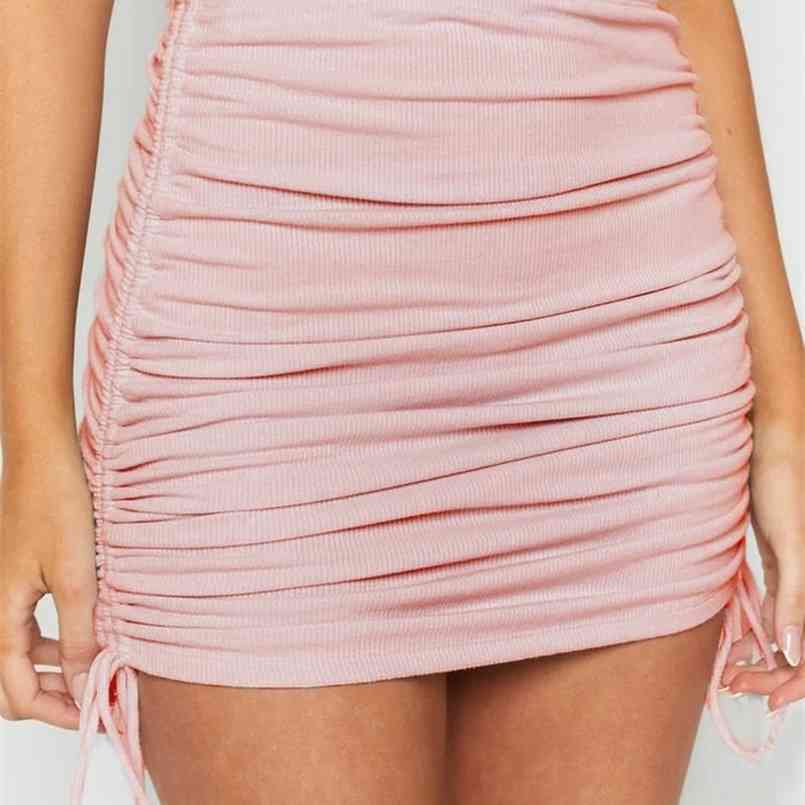 

Solid Lace Up Skirts Womens Stretch Pleated Knit Mini Side Drawstring Sexy Harajuku Hip for Women 210708, Blue