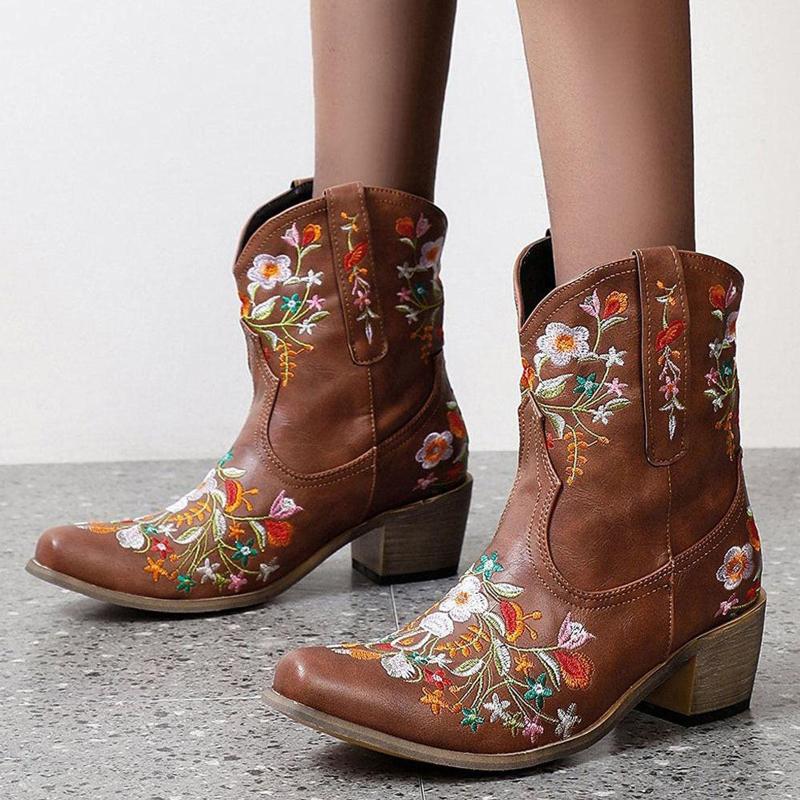 Boots Cowboy For Women Cowgirls Embroidered Flower Retro Shoes Short Wedges Cocked Head Slip-on Women's