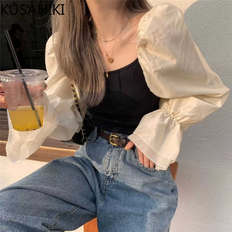 

Knitted Patchwork Puff Long Sleeve Blouses Women Korean Square Collar Shirt Spring Summer Slim Short Tops 6G297 210603, Photo color
