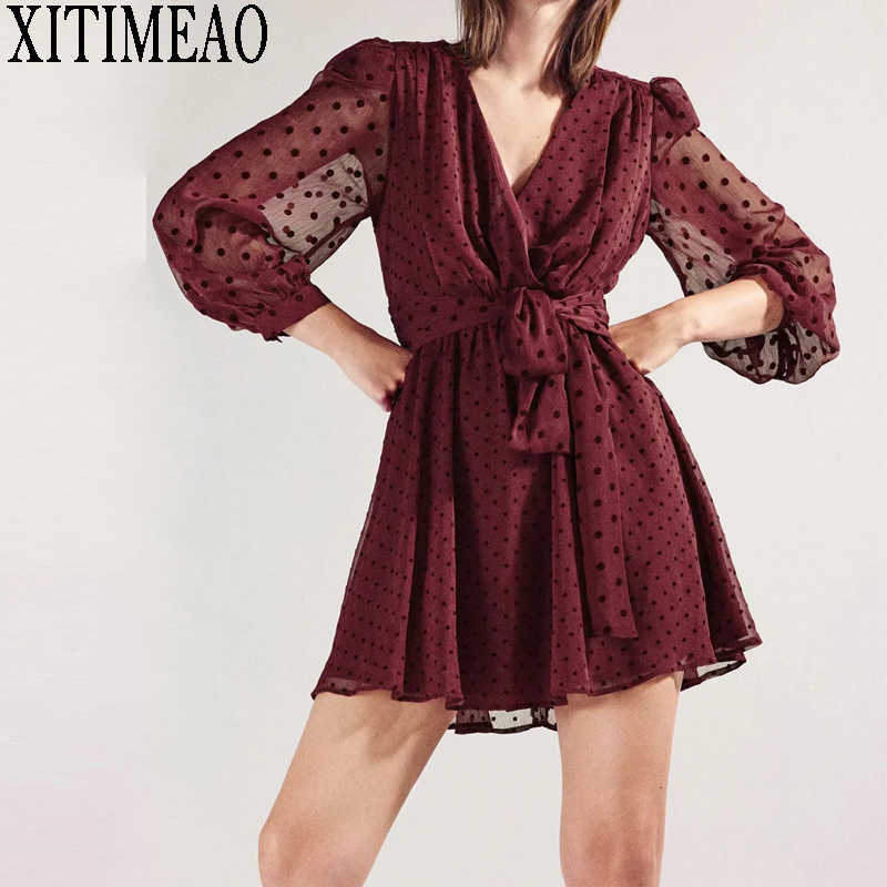 

ZA Women Spring Autumn Ruffles Lace Chiffon Dress Boho Mini Beach Long Sleeve Ladies Party es Vestido 210604, Win red