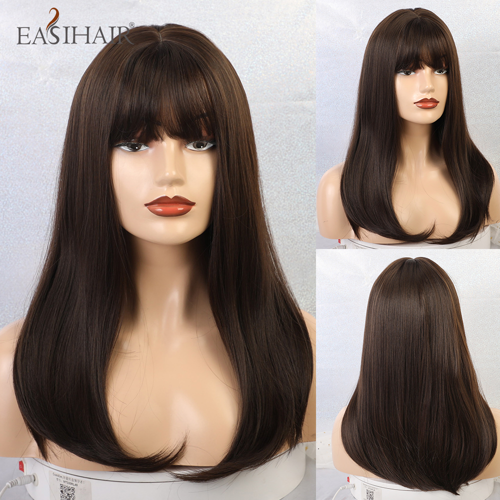 

long dark brown straight synthetic wigs with bangs natural wigs for women african american heat resistant cosplay wigs, Black