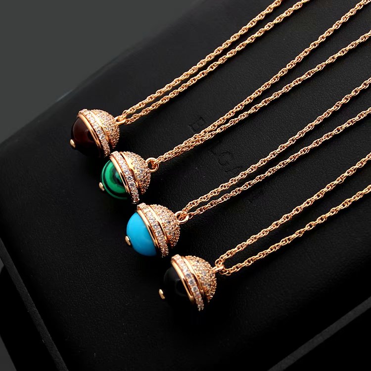 

Fashion Lady Titanium steel P Letter 18K Gold Necklaces With Onyx Malachite Turquoise Carnelian Settings Diamond Rotatable Bead Pendants