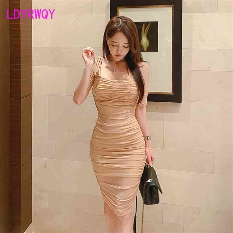 

LDYRWQY Women' dress spring sexy temperament square collar folds and thin mesh bag hip base 210603, Apricot