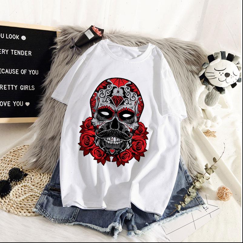 

fashion floral skull print 90s women t shirts harajuku ulzzang graphic summer white