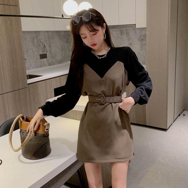 

Casual Dresses Sexy Contrast Color Stitching Fake Two Piece Long Sleeve Dress Mini Round Cotton Slim Waist Wrap Hip Vestidos Retro Belt, Black;gray
