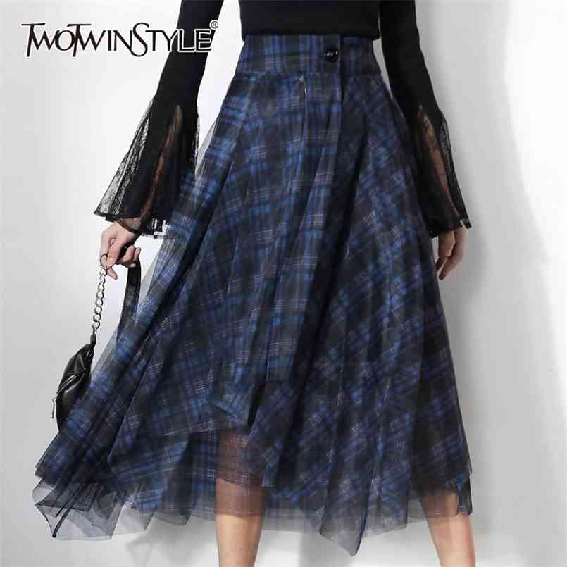 

Casual Plaid Patchwork Mesh Women's Skirts High Waist Hit Color Elegant A Line Skirt Female Spring Fashion 210521, Blue