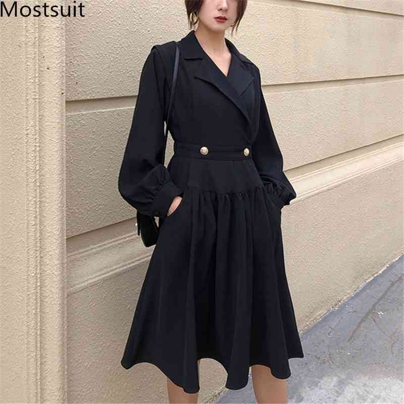 

Autumn Black Korean Fashion Office Suit Dress Women Long Sleeve Notched Collar Stylish A-line Pleated Dresses Vestidos 210518