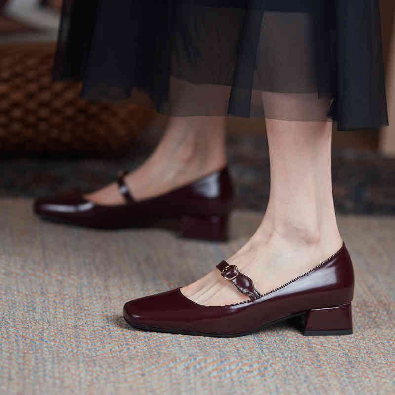 

sandals ins female pumps leather shoes plus size 22-26.5cm cow split square toe mary buckle foot jane 2 color s1qe, Black