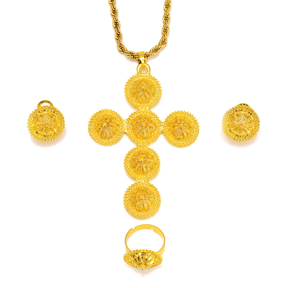 Fine Solid yellow 18k Gold GF Jewelry Sets Women's Necklace earrings ring large-scale Cross Pendant Wedding Bride Habesha-image-716532051