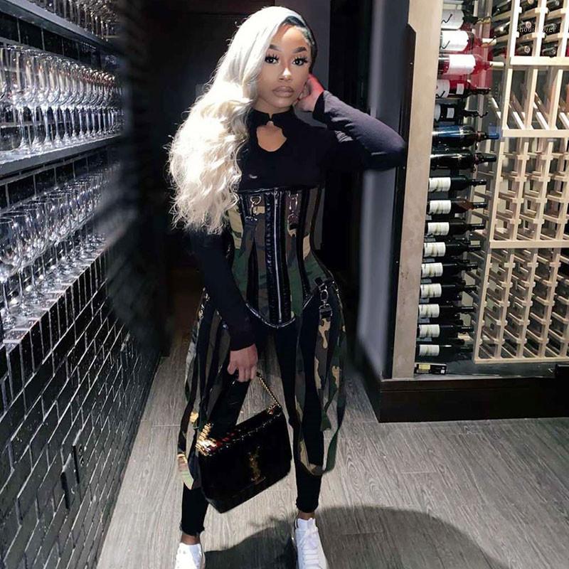 

Women' Autumn Long Sleeve Black Jumpsuits Camouflage Belt Ladies Casual Club Street Punk Style Overalls Rompers
