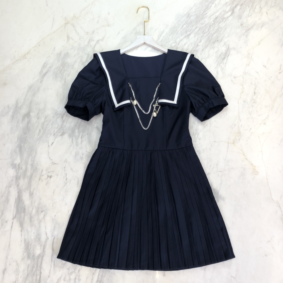 

2021 Blue Floral Print Women Dress Milan Runway Sailor Collar Short Sleeves Empire Summer Dress 060302