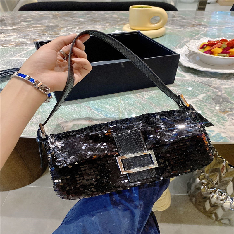 

design bags classic model women's handbag shiny Sequin covered shoulder bag solid black shiny dinner party purse 25cm