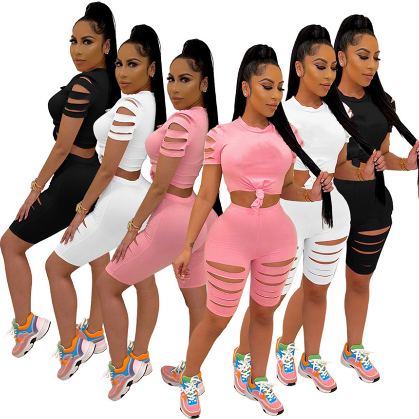 

Plus size Women Casual Tracksuits Ripped Outfits hollot out Two piece sets Sports Jogger suit Summer Clothing Short sleeve t shirt+shorts 5049, White