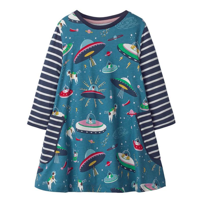 

Girl's Dresses Jumping Meters Princess Space Print Cute Children's Girls Cotton Pockets Kids Long Sleeve Clothes Fashion Baby Dress, W7265 blue