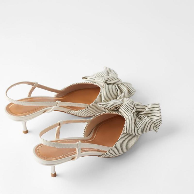 

Summer Women's Sandals Bow Knot Single Shoes Decorated With Striped High Heels Fashion Pointed, White