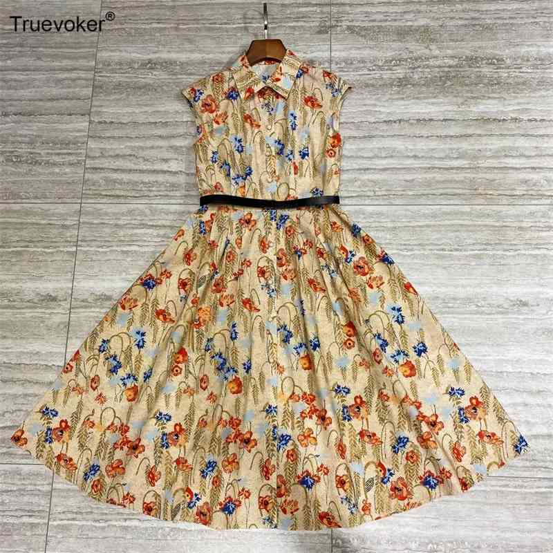 

Truevoker European High Street Fashion Cotton Prom Dress Lady Turn Down Collar Floral Print Belted Mid Calf Length Vestido Mujer 210602, Khaki